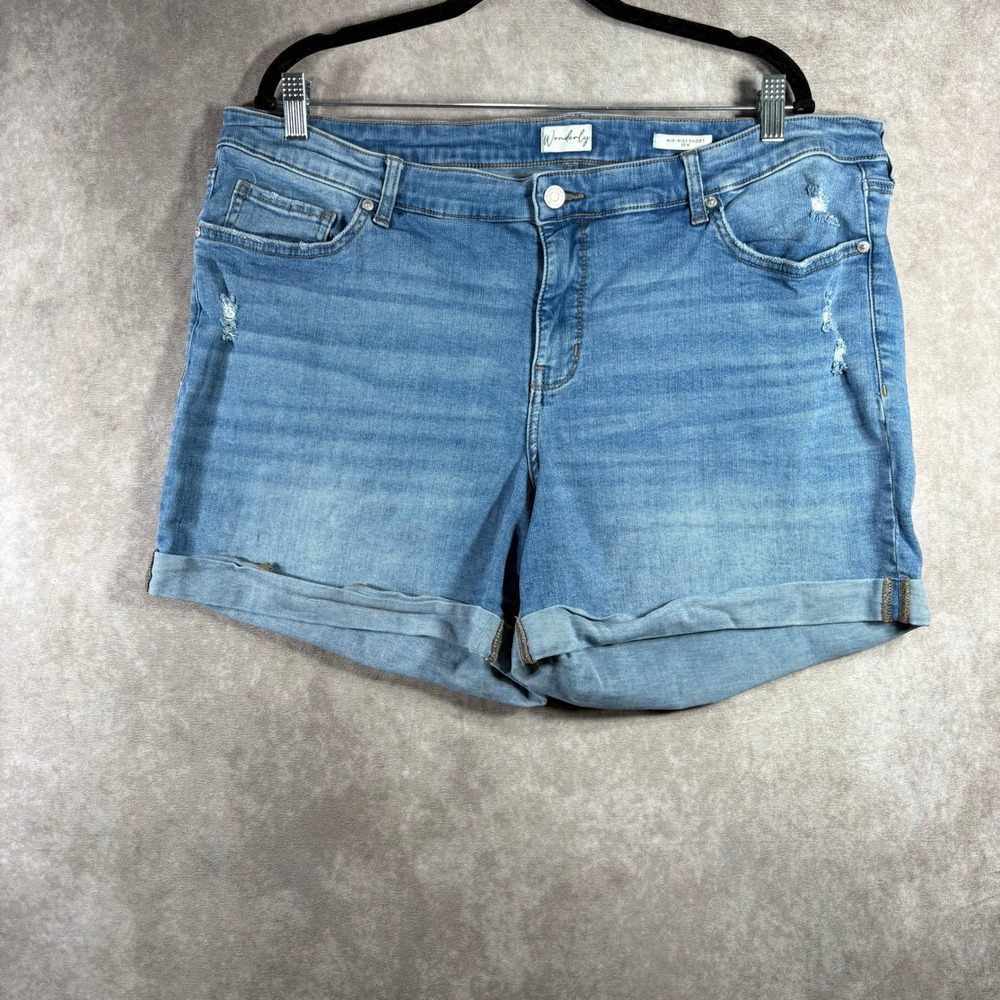 Wonderly Denim Shorts Women 20W Blue Mid-Rise Short Distressed Cuffed Stretch